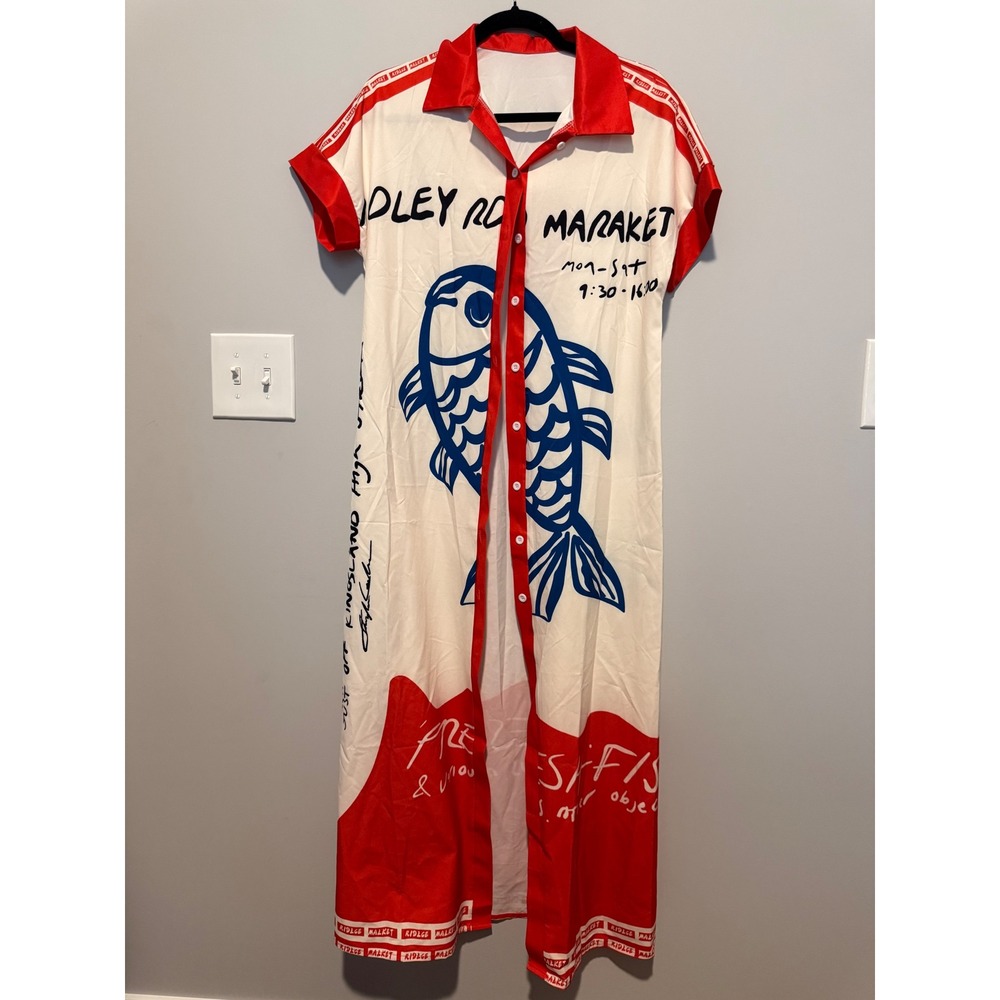 Ridley Road Market Fish Graphic Button Down Maxi Dress Red White Small
